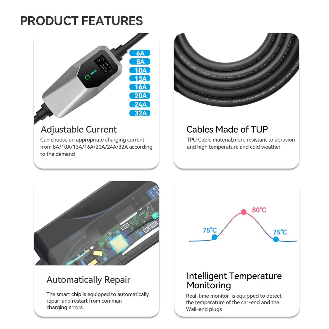 Home Currentswitchable Portable Mode 2 EV Car Charger Cable Adapter 7kw 11kw