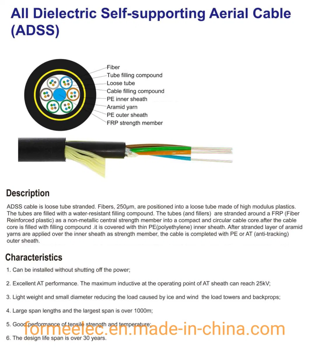 All Dielectric Cable Non-Metallic Aerial Optical Cable 48 Core Optical Fiber ADSS