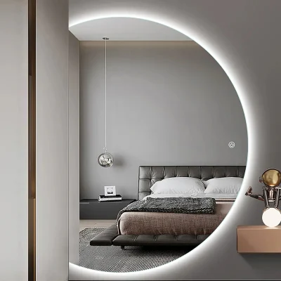 Hotel Bathroom Vanity Half Moon LED Lighted Wall Decorative Mirror Smart Makeup Touch Screen Backlit Bath Mirror