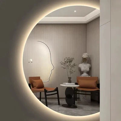 Hotel Bathroom Vanity Half Moon LED Lighted Wall Decorative Mirror Smart Makeup Touch Screen Backlit Bath Mirror