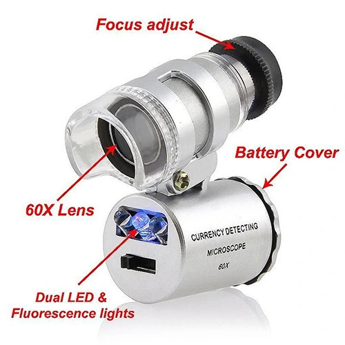 Mini 60X LED UV Light Pocket Microscope Jeweler Magnifier Loupe