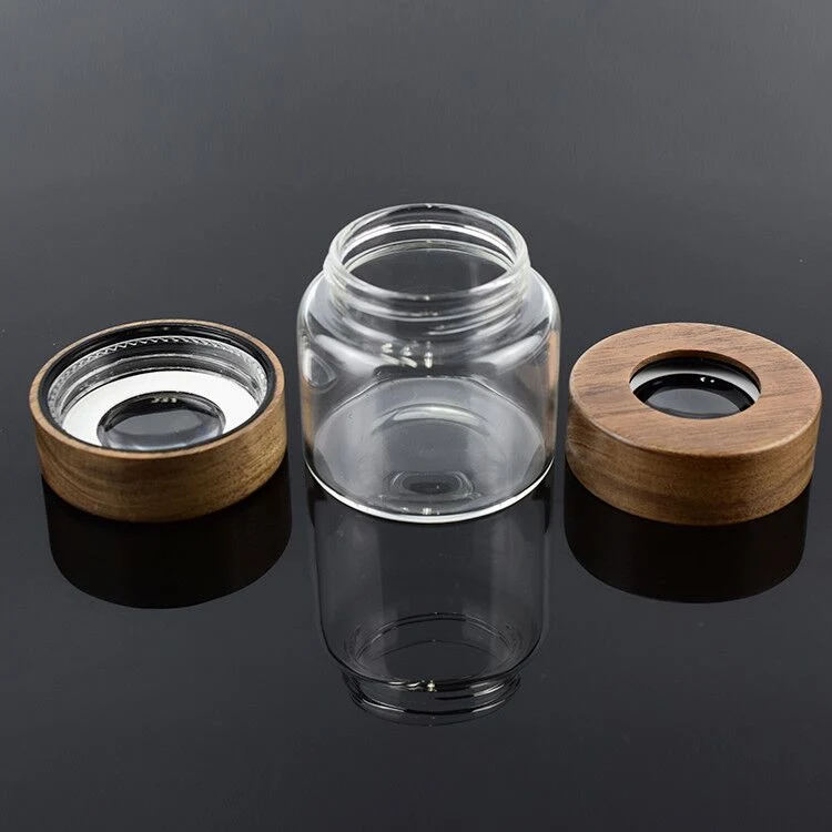 New Glass Storage Container with Child Resistant Acacia Wood Lid Magnifying Glass Jar for High Quality Dry Flower Collection