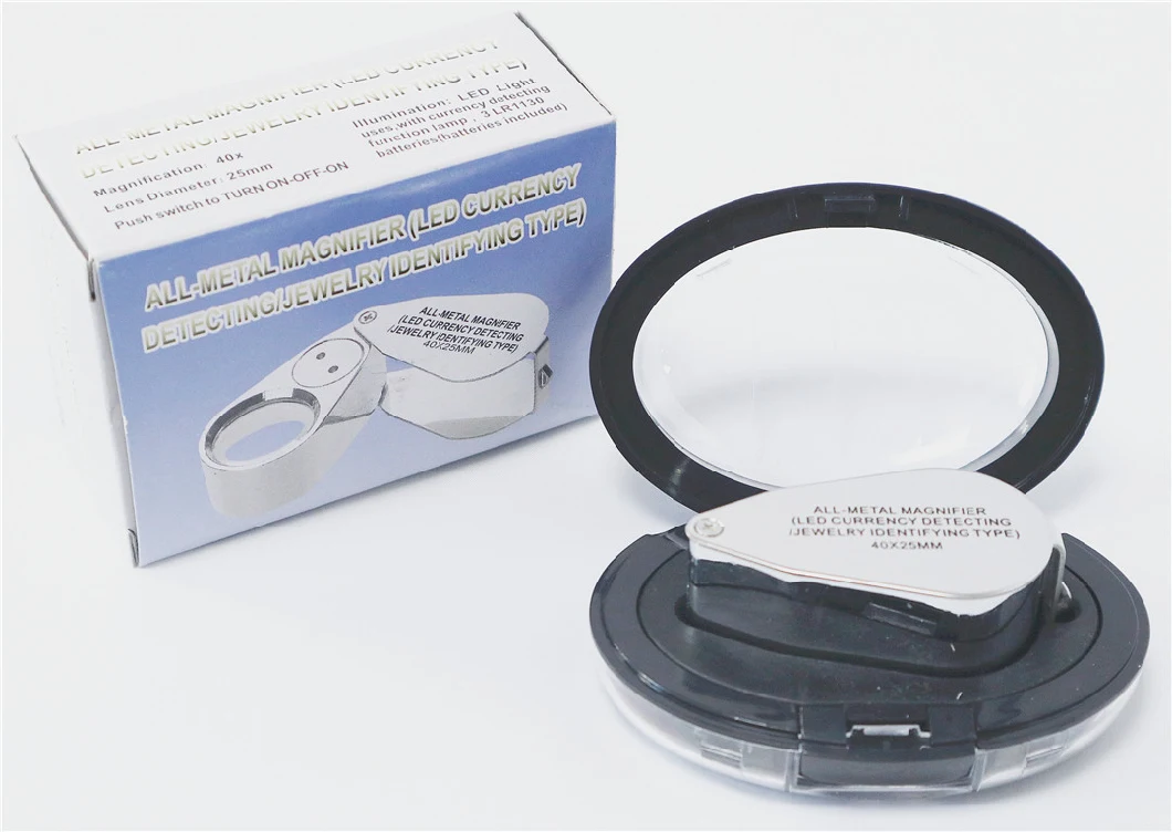 All Metal Foldable Jewelry Magnifier with 40X LED Light and UV Lamp