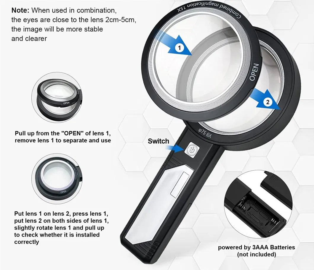 New 2 in 1 LED Handheld Magnifier Magnifying Glass with LED Light 90+65mm