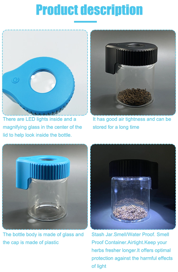 Custom Smell Proof LED Air Tight Stash Magnifying LED Glass Jar in Stock