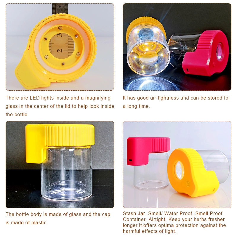Custom 155ml Storage Bottles Mag Stash Herb Container Magnifying Glass LED Light Jar