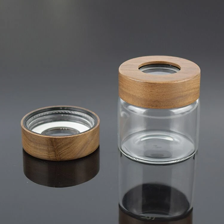 New Glass Storage Container with Child Resistant Acacia Wood Lid Magnifying Glass Jar for High Quality Dry Flower Collection