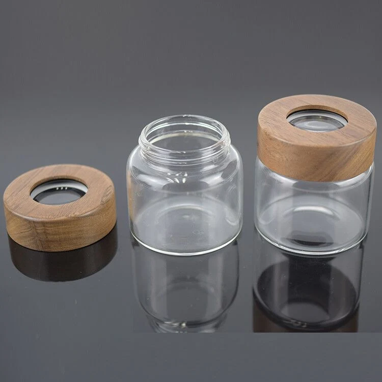 New Glass Storage Container with Child Resistant Acacia Wood Lid Magnifying Glass Jar for High Quality Dry Flower Collection