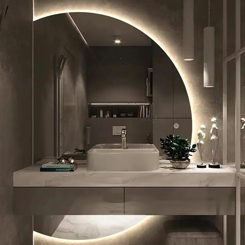 Hotel Bathroom Vanity Half Moon LED Lighted Wall Decorative Mirror Smart Makeup Touch Screen Backlit Bath Mirror