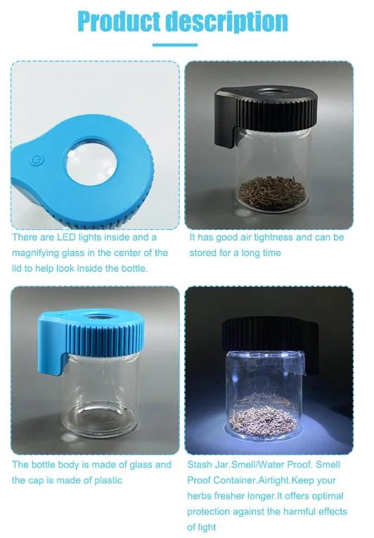 Transparent Storage Custom Smell Proof LED Glass Jar with Magnifying Light Stash Herb Container