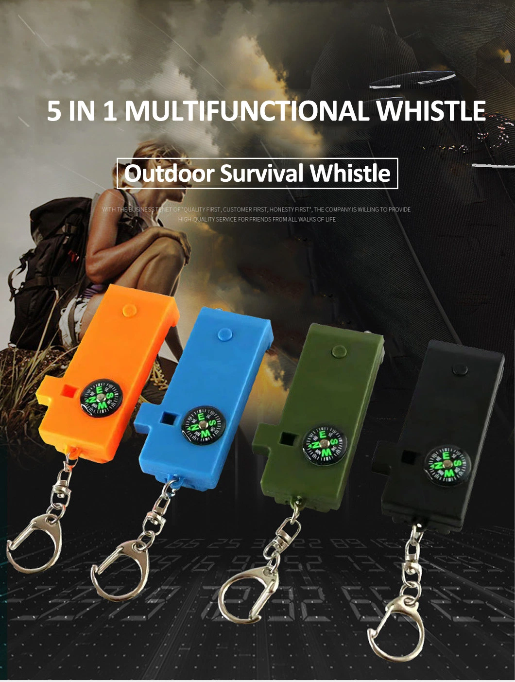 Outdoor 5 in 1 Multi-Function Whistle Survival Whistle Rescue LED Light Archaeological Magnifying Glass Compass with Key Pendant