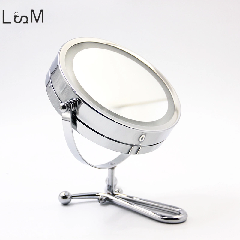 Metal Silver Round Makeup Mirror Double Side 5X Magnifying LED Lights Folding Hand Mirror
