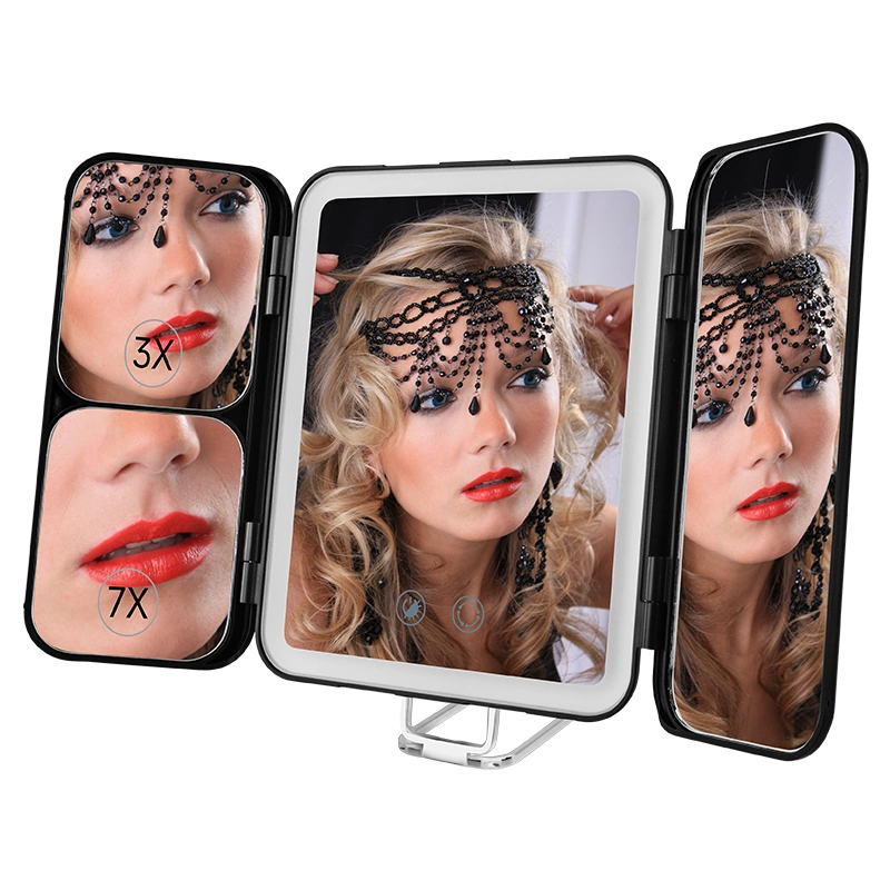 Trifold Makeup Mirror with Lights 1X 3X 7X Magnification Touch Control with Dual Power Supply