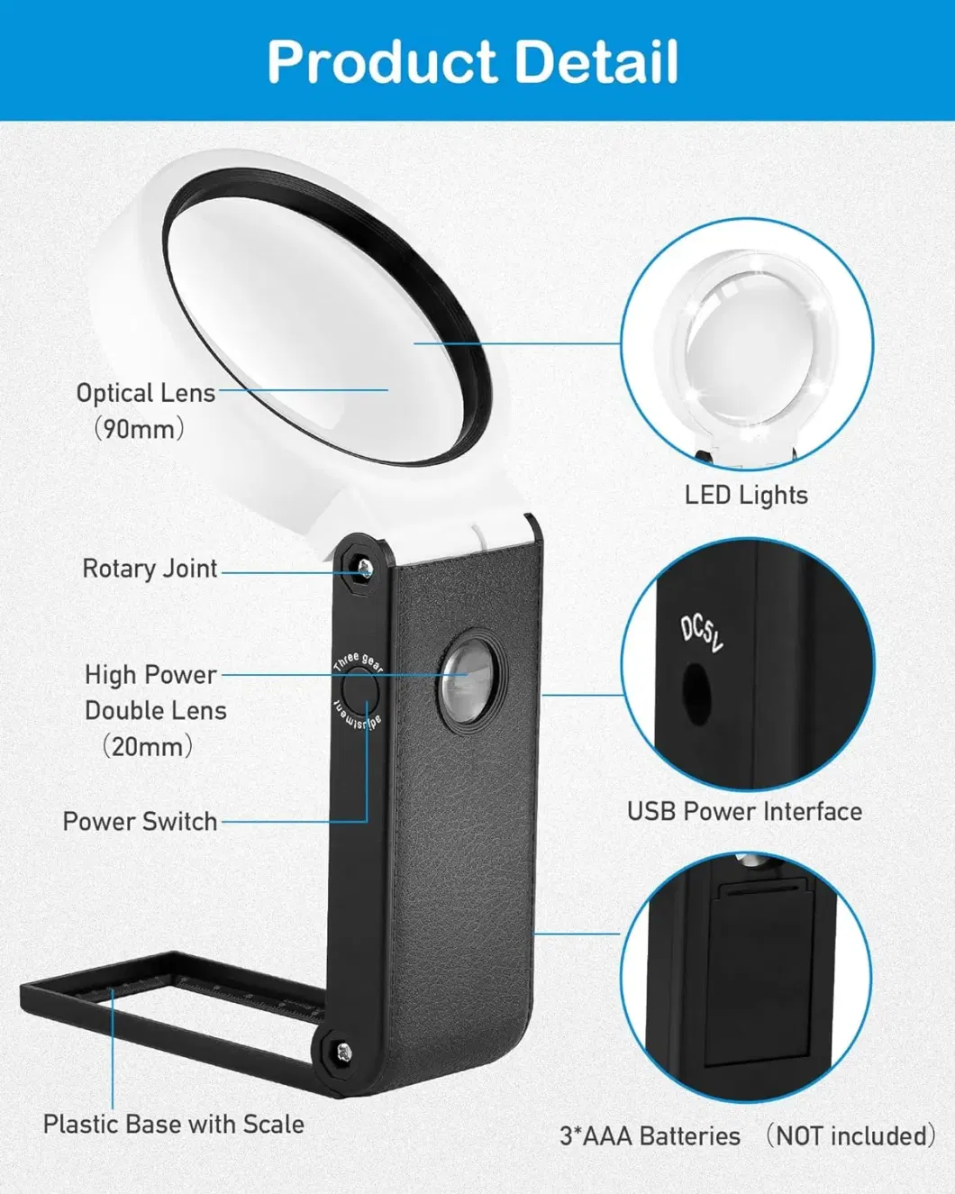 Handheld Desktop Dual-Use Foldable with LED Light USB Plug-in Reading Repair 5X25X HD Magnifier (L)