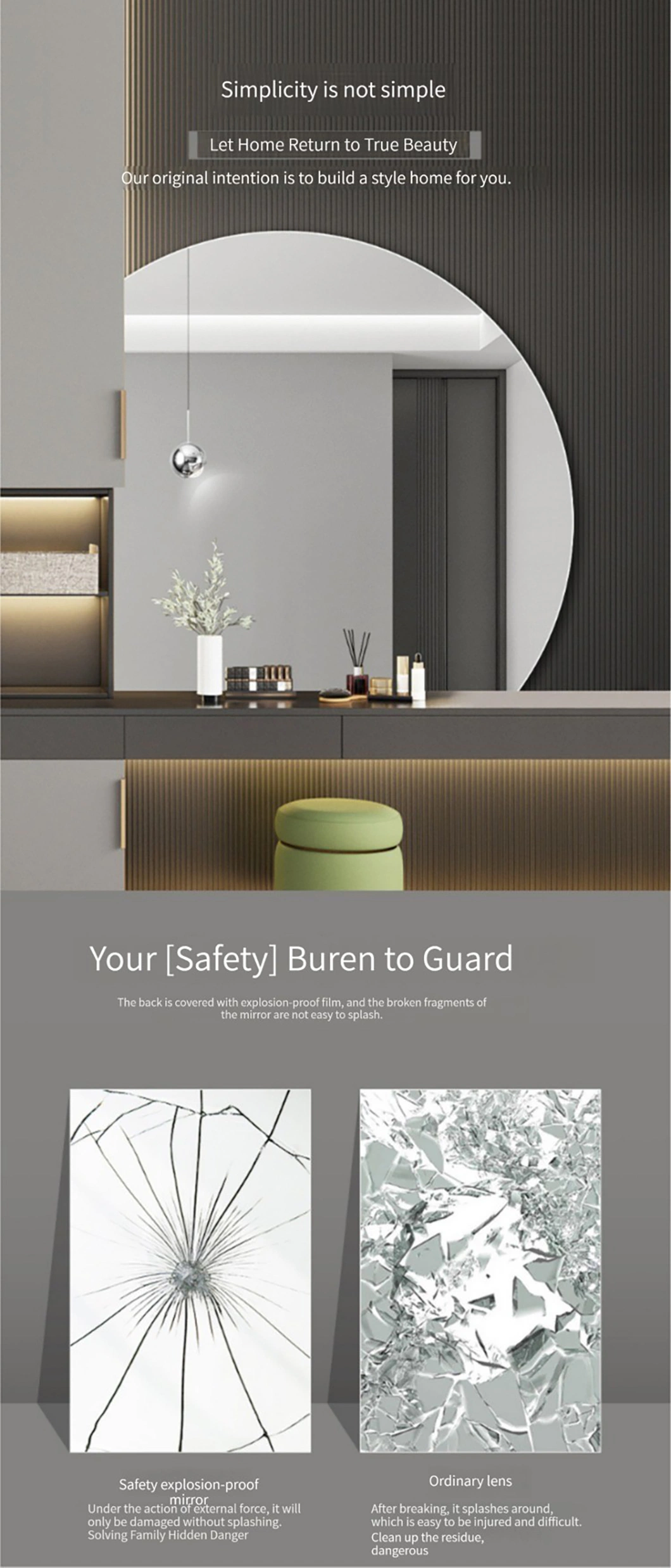 Modern Smart LED Mirror Touch Control Hotel Vanity Half Round Bathroom Mirror with Light