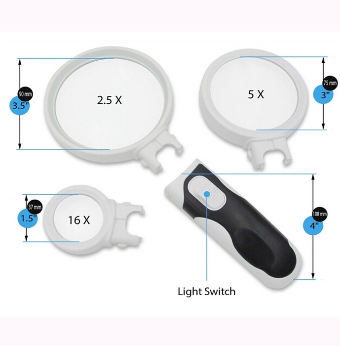 LED Light Handheld Magnifying Glass with 3 Interchangeable Lenses Magnifier for Reading