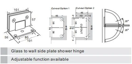 Glass Fitting Heavy Duty Straight Corner Glass to Wall with Offset Wall Mount Plate Door Shower Hinge with 85 and 90 Degree Reversible Pivot Pin and off-Angle a
