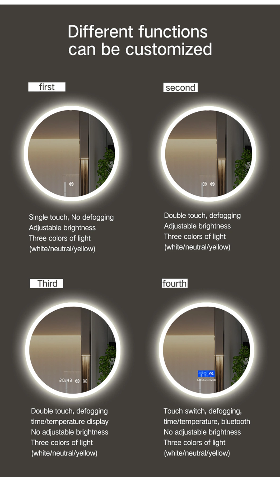 Round Environmental Mirror Frame Wall Hanging Time Display Glass Smart Bath Mirrors with LED Lights