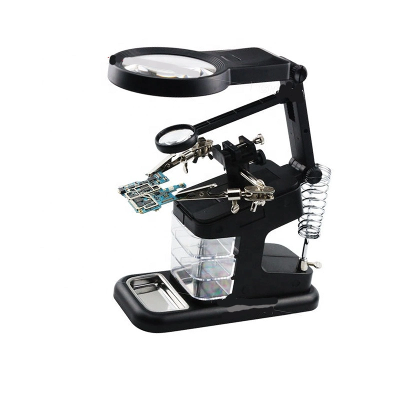 3X 4.5X 25X LED Helping Hand Magnifier with Drawer Alligator Clip Stand Multi-Functional Welding