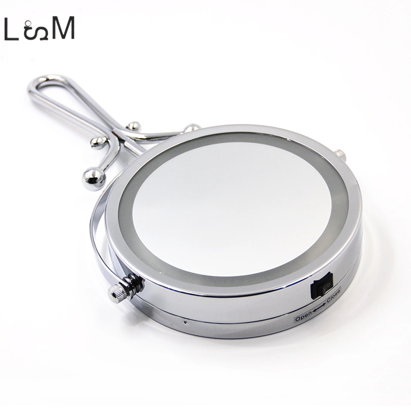 Metal Silver Round Makeup Mirror Double Side 5X Magnifying LED Lights Folding Hand Mirror