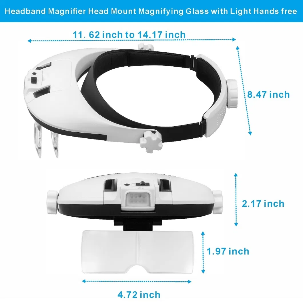 Big Lens Headband Magnifier Head Mount Magnifying Glass with Light Hands Free 8 LED Magnifier with Cold and Warm Light