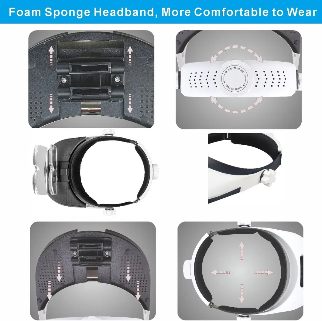 Big Lens Headband Magnifier Head Mount Magnifying Glass with Light Hands Free 8 LED Magnifier with Cold and Warm Light