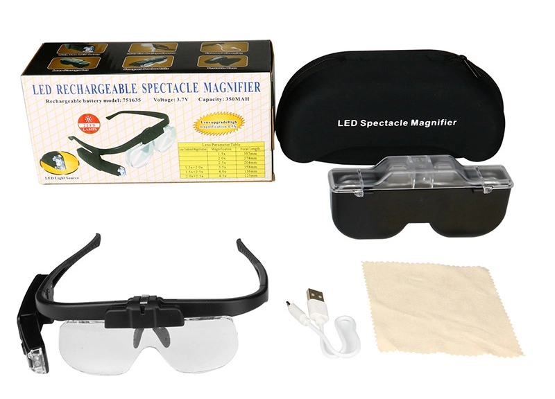 Newest Version Eyeglasses Magnifier with LED Light Rechargeable Battery Spectacle Magnifying Glass with 3 Lenses