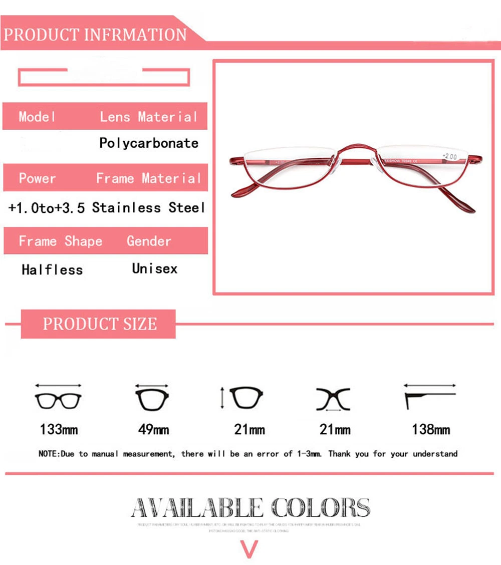 Metal Half Moon Presbyopic Female Male Semi Rimless Reading Glasses