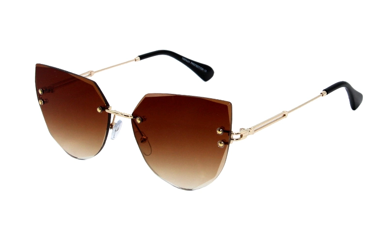 Trendy Metal Decor Rimless Diamond Lens Shape Wide Frame Metal Sunglasses