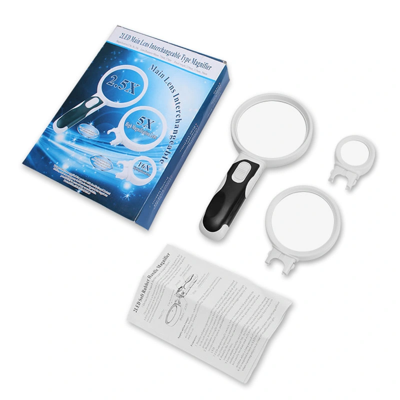 Interchangeable 2.5X/5X/16X Handheld Magnifier 2 LED Magnifying Glass Map Book Reading Magnifier Jewelers Loupe (BM-BG3006)