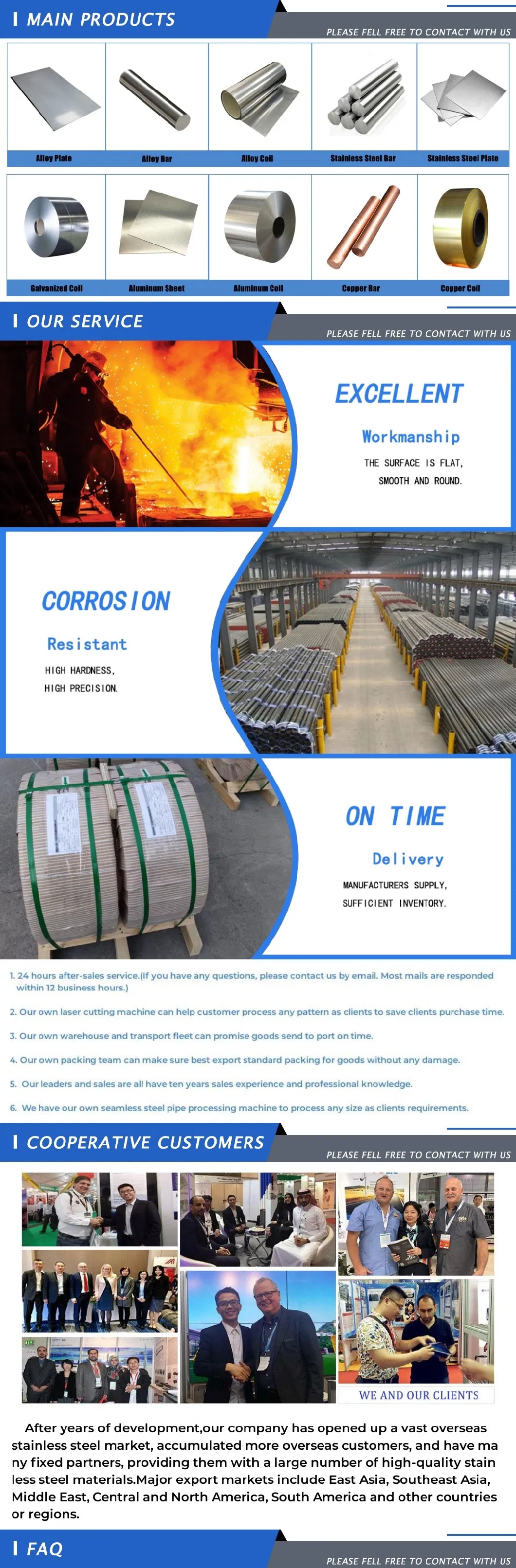 Spot Goods 316L/Ss310/SUS321/310lmod/353mA/N08800/9cr18mo/304 Stainless Steel Plate/Sheet/Coil/Roll/Round Bar/Rod/Steel Pipe/Tube