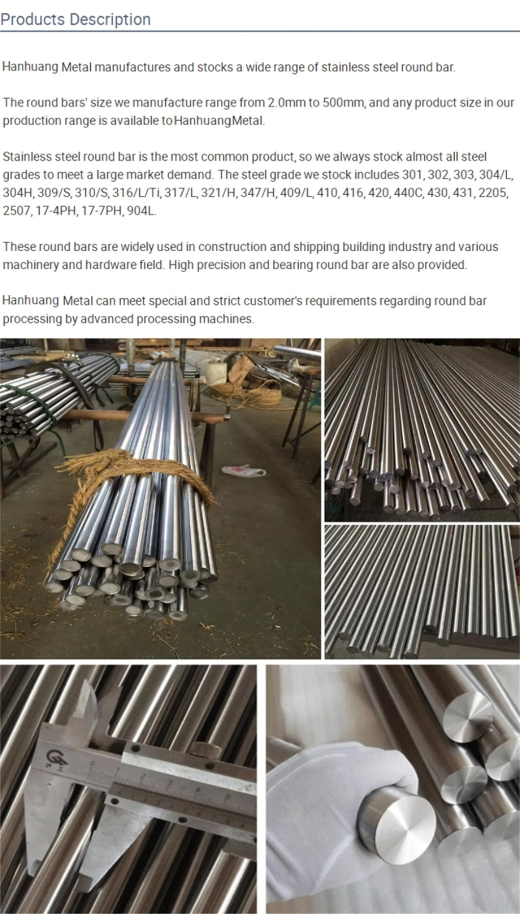 High Quality 2mm, 3mm, 6mm 201 304 310 316 321 Stainless Steel Round Bar Steel Rod