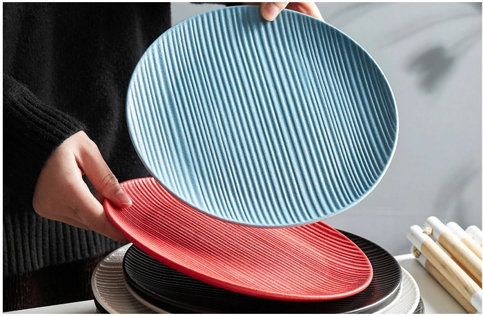 Round Striped Plate Household Ceramic Steamed Fish Dish Creative Plate Nordic Japanese Simple Restaurant Western Plate
