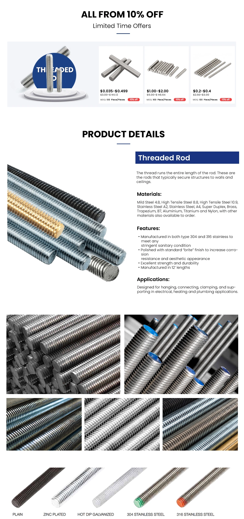 Dalian Beston Carbon Steel Alloy Threaded Rod Brass Threaded Rod China High Quality Inspection Threaded Rod Manufacturing 1/2&quot; Thread Size Threaded Rod