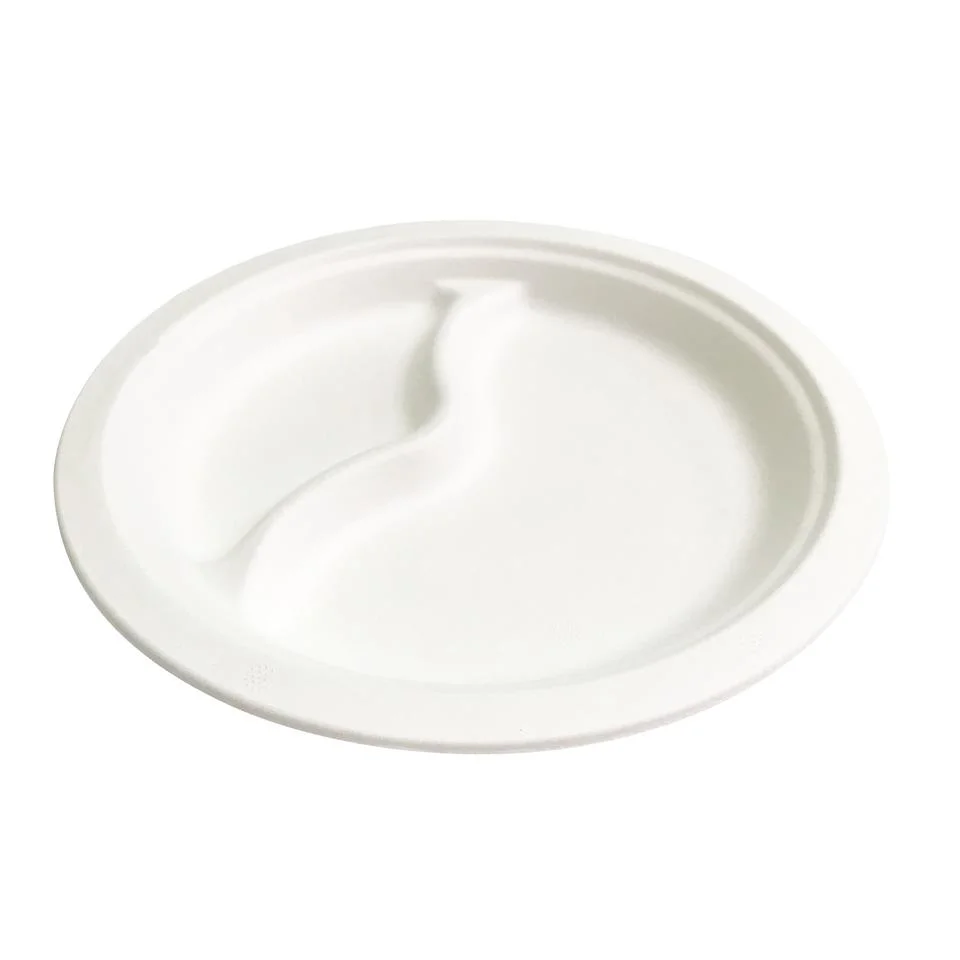 Wholesale Sugarcane Bagasse 9 Inch 2 Compartment Round Plate