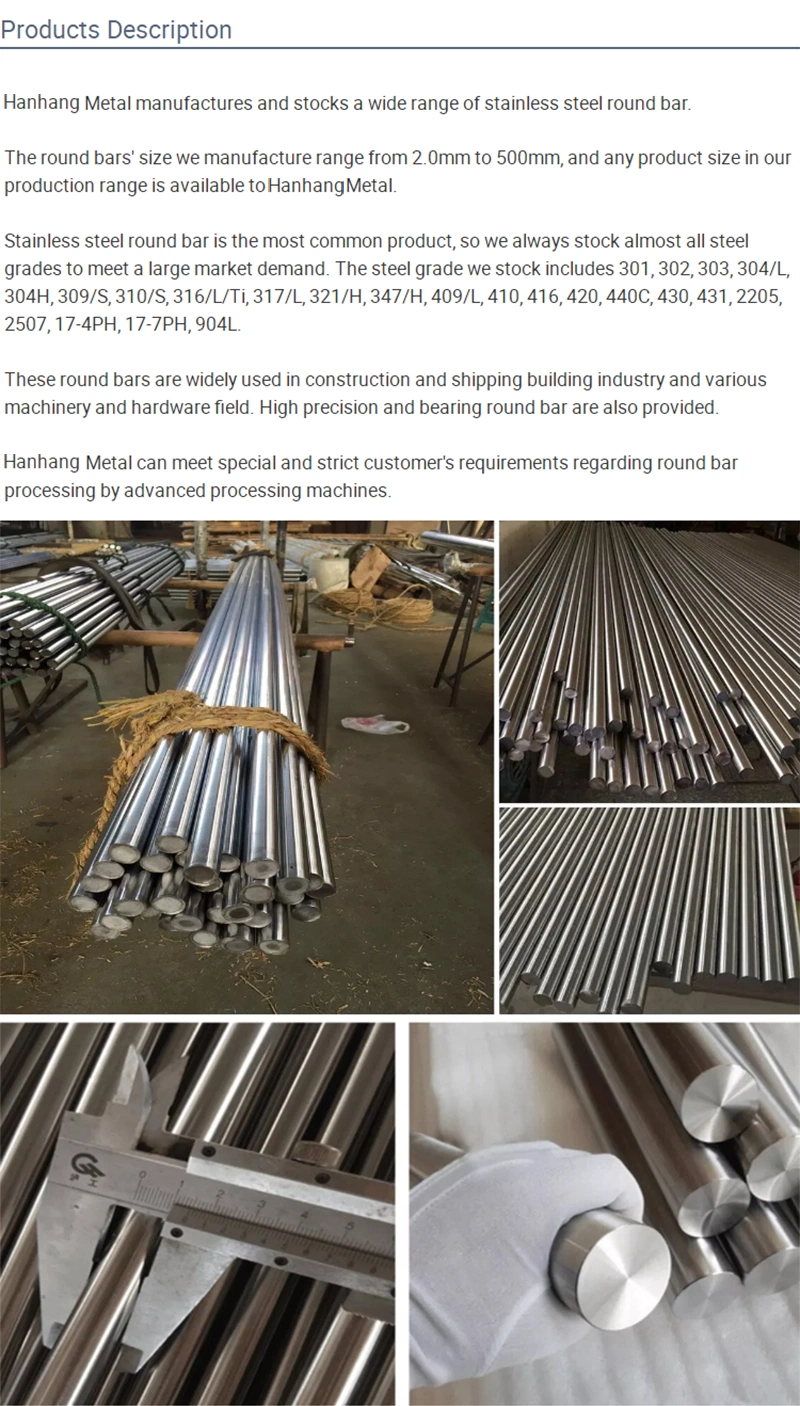 2-500mm Diameter Cold Drawn Stainless Steel Round Metal Rod Bar for Construction Decoration