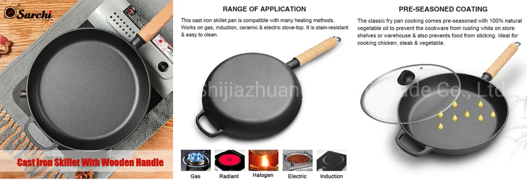 Pre-Seasoned Cast Iron Round Griddle Cast Iron Round Frying Pan Wooden Handle