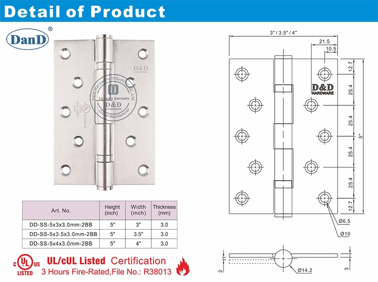 5 Inch Ss201 Mortise UL Ball Bearing Residential Wood Door Hinge