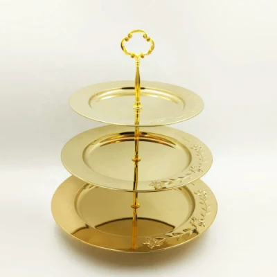  Forma redonda de acero inoxidable chapado en oro de la placa de alimentos de postre de frutas de tres niveles de la placa de pastel de bandejas de servicio