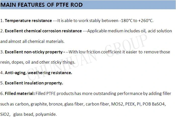 Carbon/Glass Fiber/Bronze/Graphite 100% Virgin Extruded Filled PTFE Round Rod
