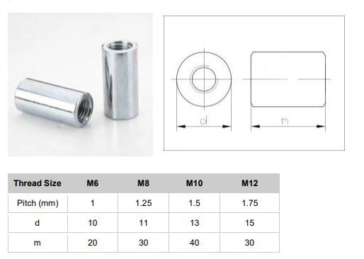 DIN 6334 Stainless Steel 304 M2 Long Round Coupling Nut