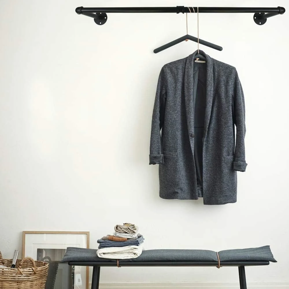 Industrial Pipe Clothes Hanging Bar Wall-Mounted Clothes Rack