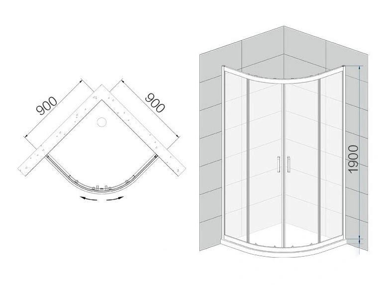 Semicircular Quadrant Shower Enclosure 6mm THK 90*90*190cm, Superior Tempered Glass W/Blk Finished High Grade Al. Alloy Profiles