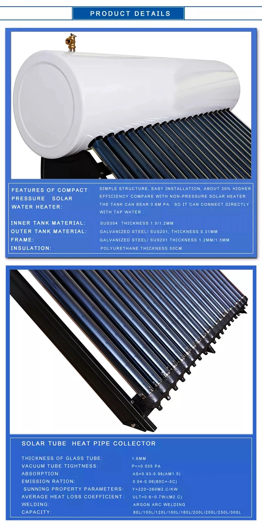 High Quality Vacuum Tube Heat Pipe Pressurized Water Sun Power Solar Heater