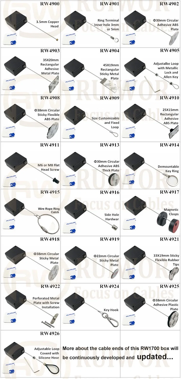 Square Security Cable Tether with Stop Function and Dia 38mm Circular Sticky Metal Plate