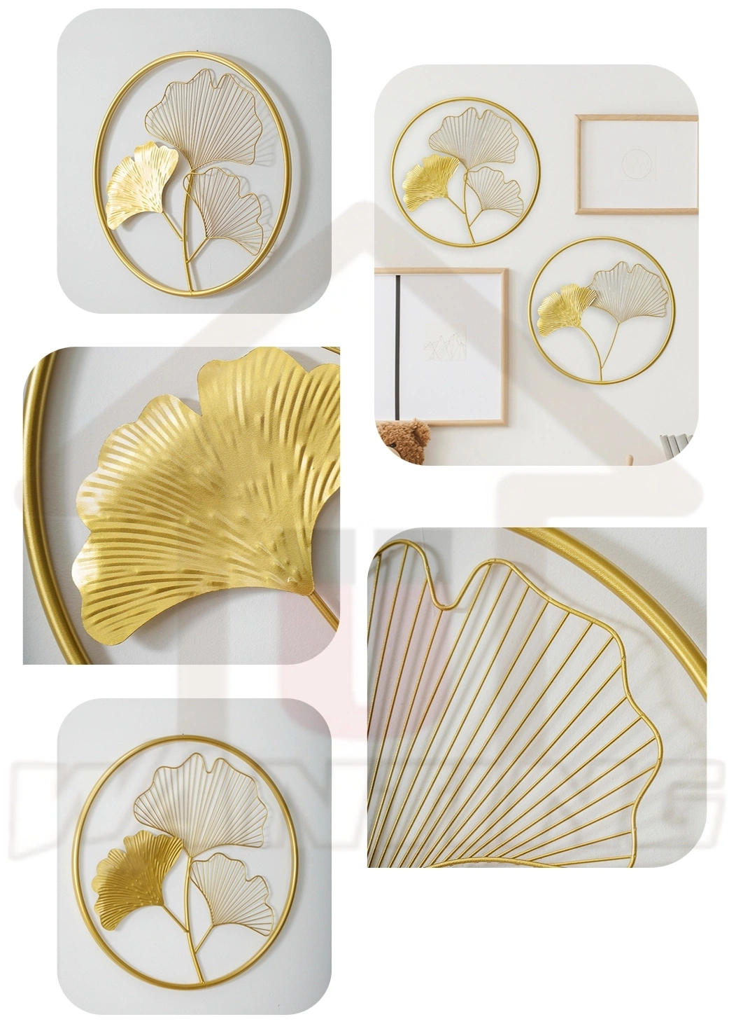 Round Wall Hanging Decoration Gold Ginko Leaf Living Room Luxury Metal Craft