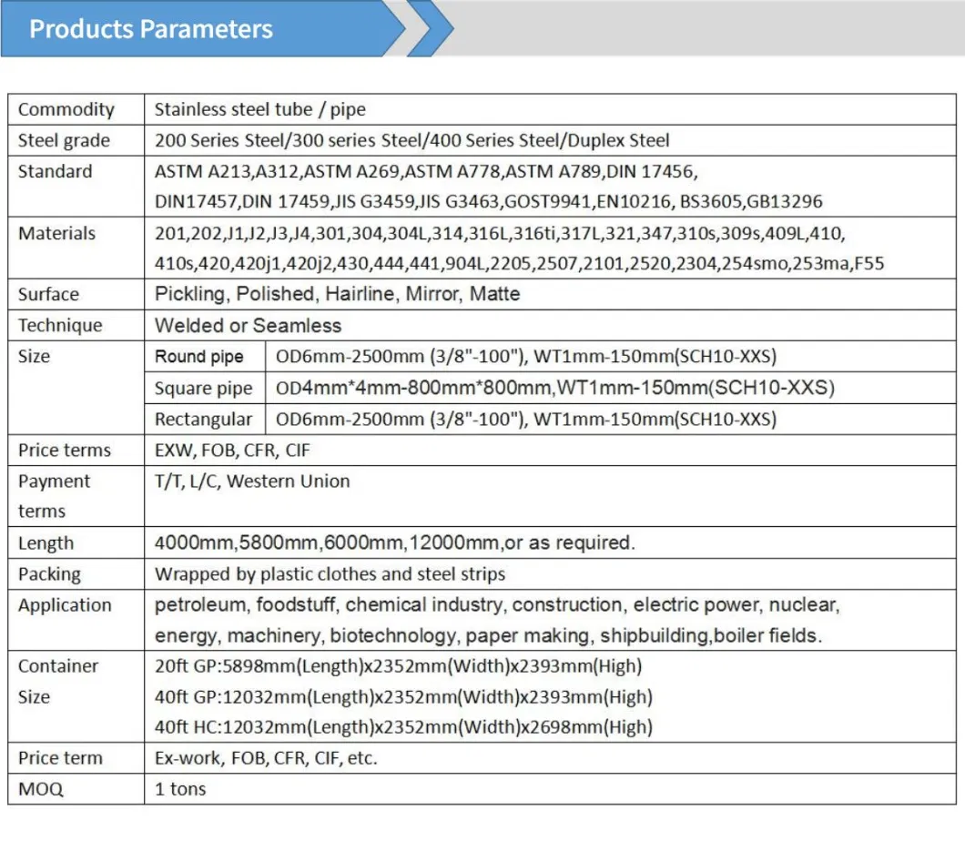 Supply Seamless/ ERW Welded ASTM JIS DIN GB Standard 201 202 301 304 304L 304n Xm21 329 2b/Polishing/Drawing Hollow Section Square/Round Stainless Steel