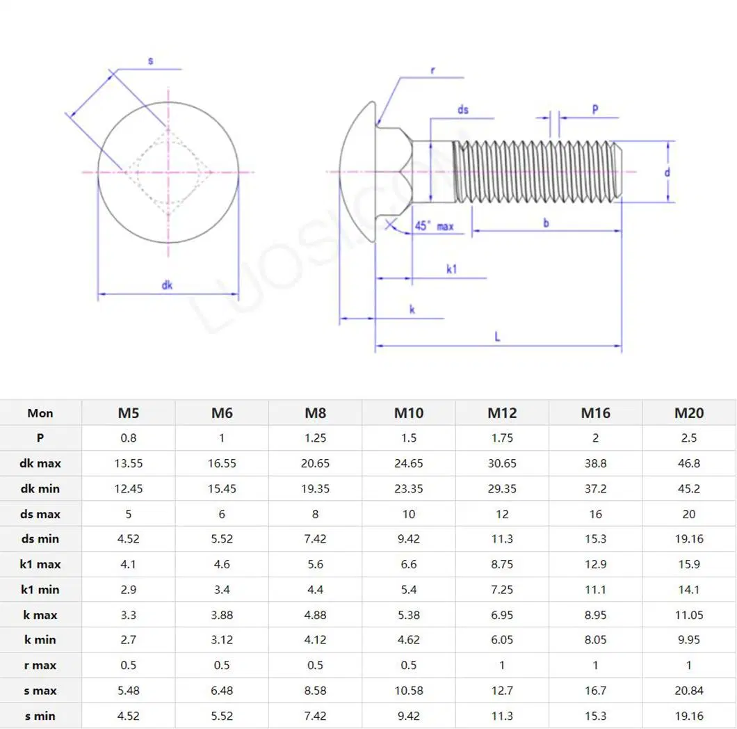 DIN603 GB512 ASTM Stainless Steel 304/316 Hardware Fastener Carriage Bolt