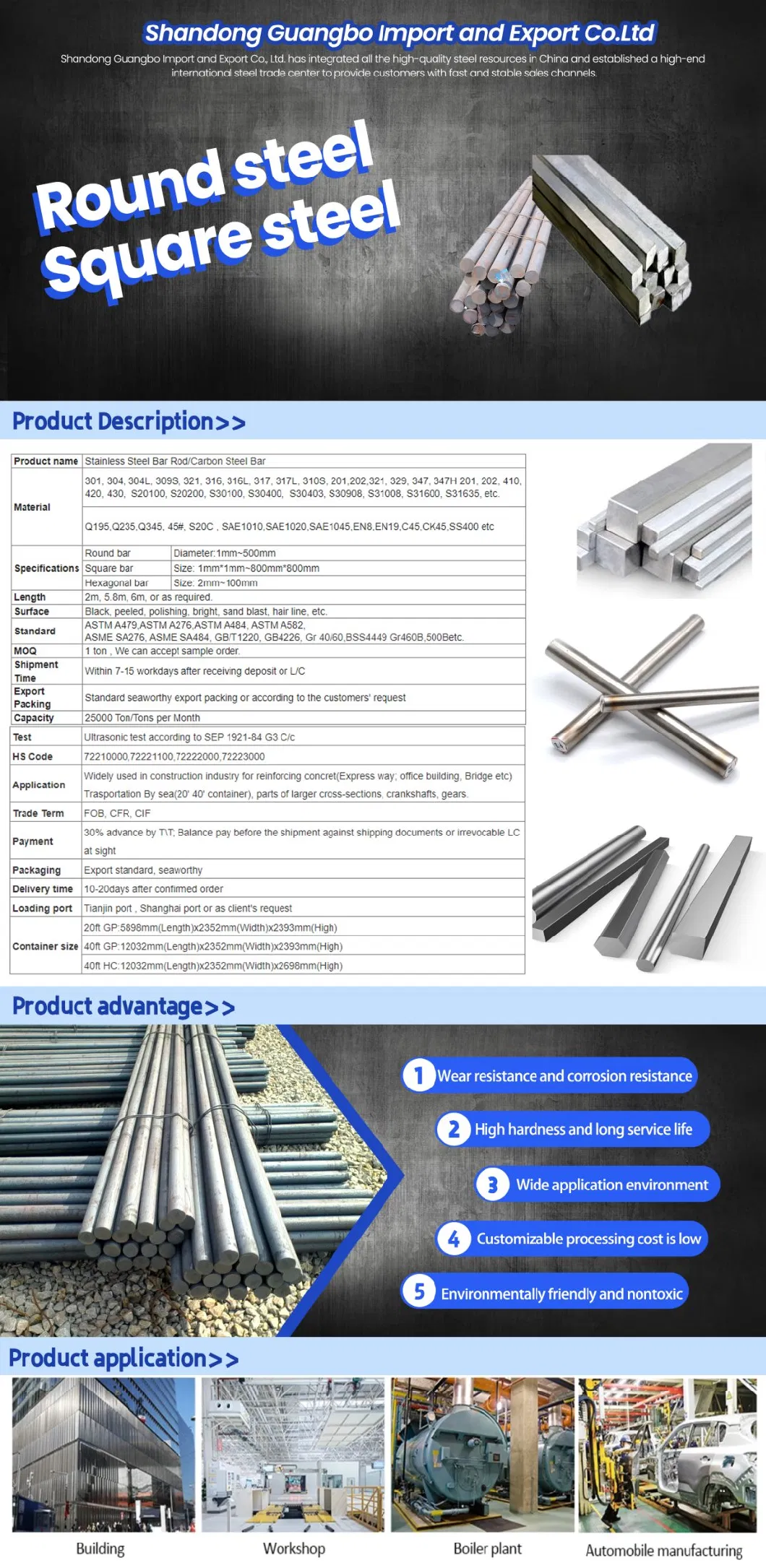 303 Stainless Steel Bar 304f 316L 316f Stainless Steel Round Bar Square Bar Grinding Bar