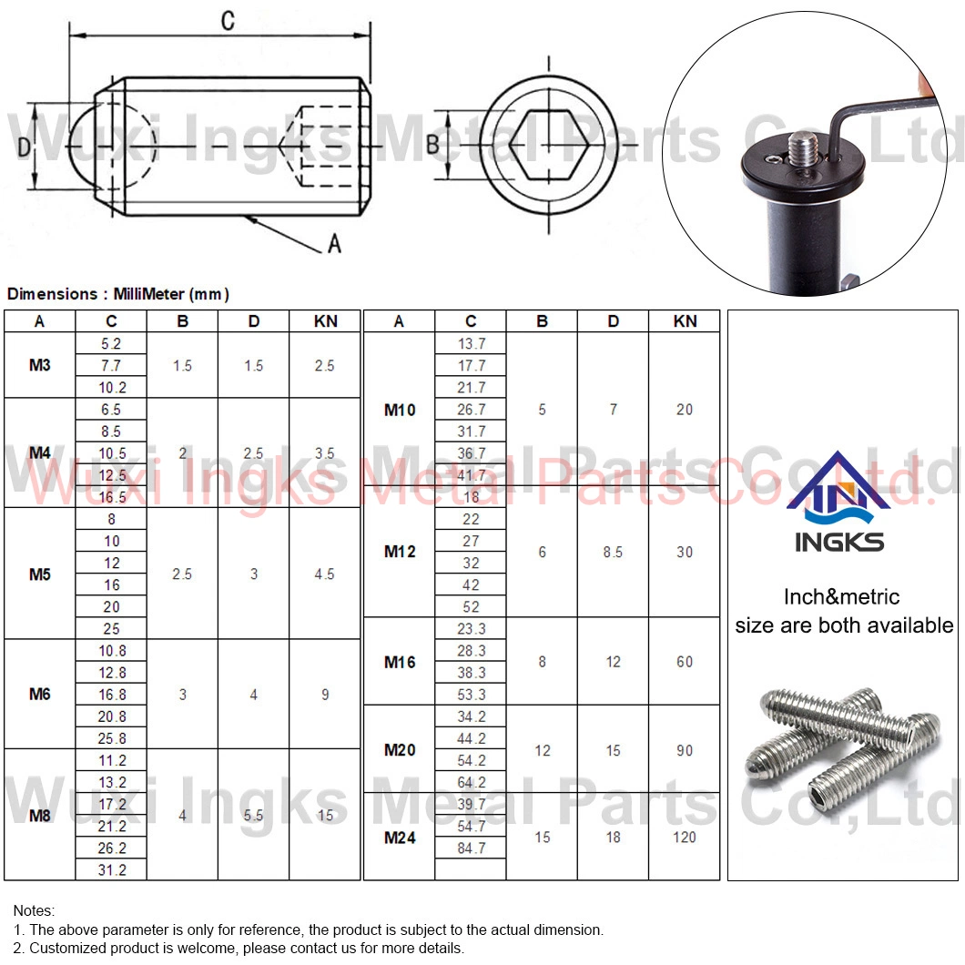 Inch Size SS304 Ball Point Hexagon Socket Round End Grub Screw